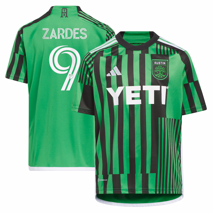 Youth Austin FC Gyasi Zardes adidas Green 2023 Las Voces Kit Replica Jersey - Jersey