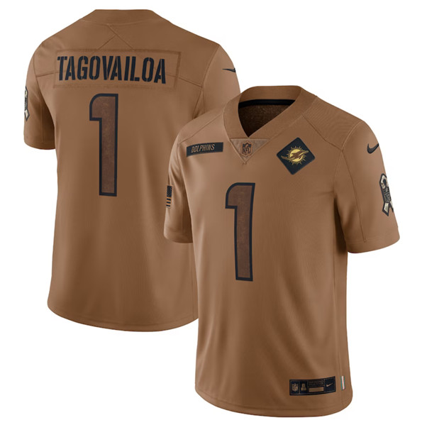 Men's Miami Dolphins #1 Tua Tagovailoa 2023 Brown Salute To Service Limited Football Stitched Jersey - Jersey
