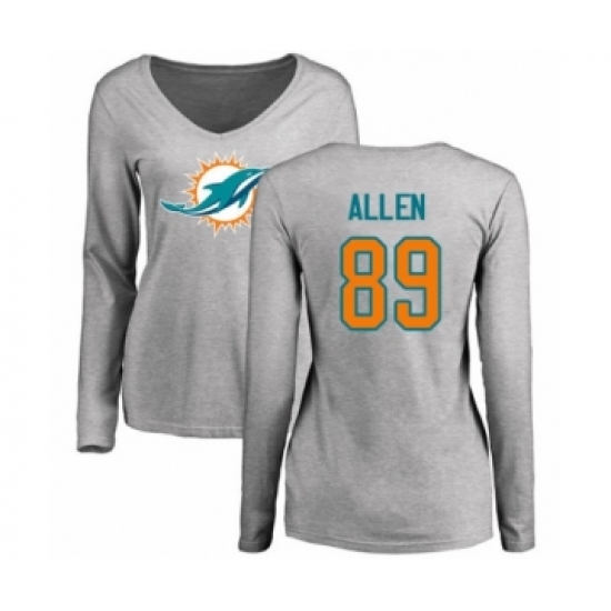 Football Women's Miami Dolphins #89 Dwayne Allen Ash Name & Number Logo Long Sleeve T-Shirt - Jersey