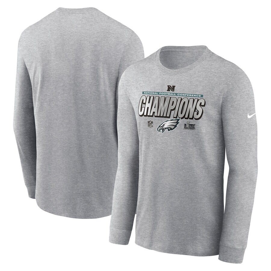 Men's Philadelphia Eagles  Nike Heather Gray 2024 NFC Champions Locker Room Trophy Collection Long Sleeve T-Shirt - Jersey