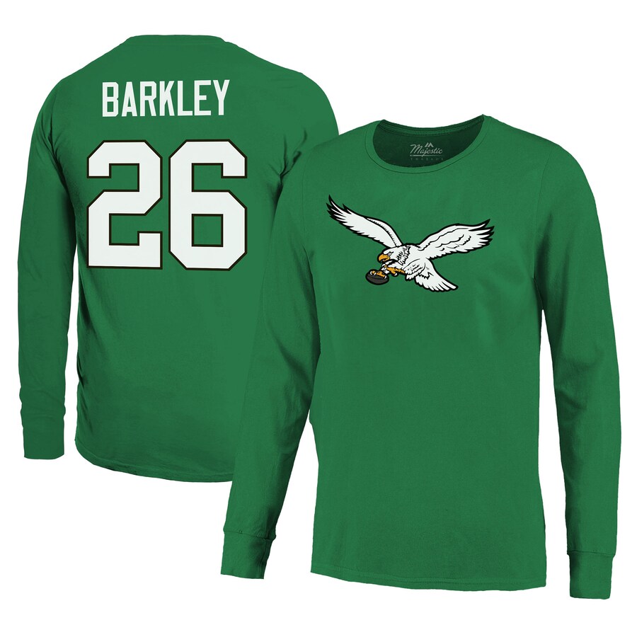 Men's Philadelphia Eagles Saquon Barkley Majestic Threads Kelly Green Name & Number Long Sleeve T-Shirt - Jersey