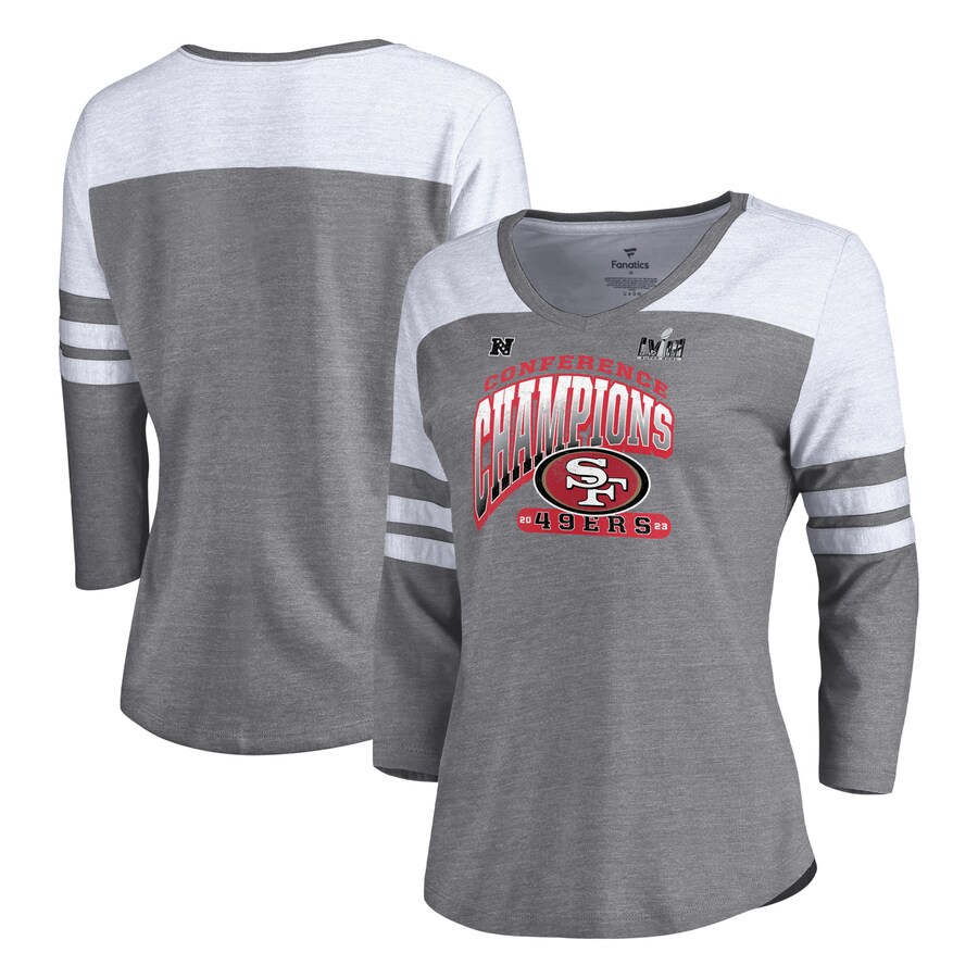 Women's San Francisco 49ers  Fanatics Heather Gray 2023 NFC Champions Hail Mary Tri-Blend 3/4-Sleeve V-Neck T-Shirt - Jersey