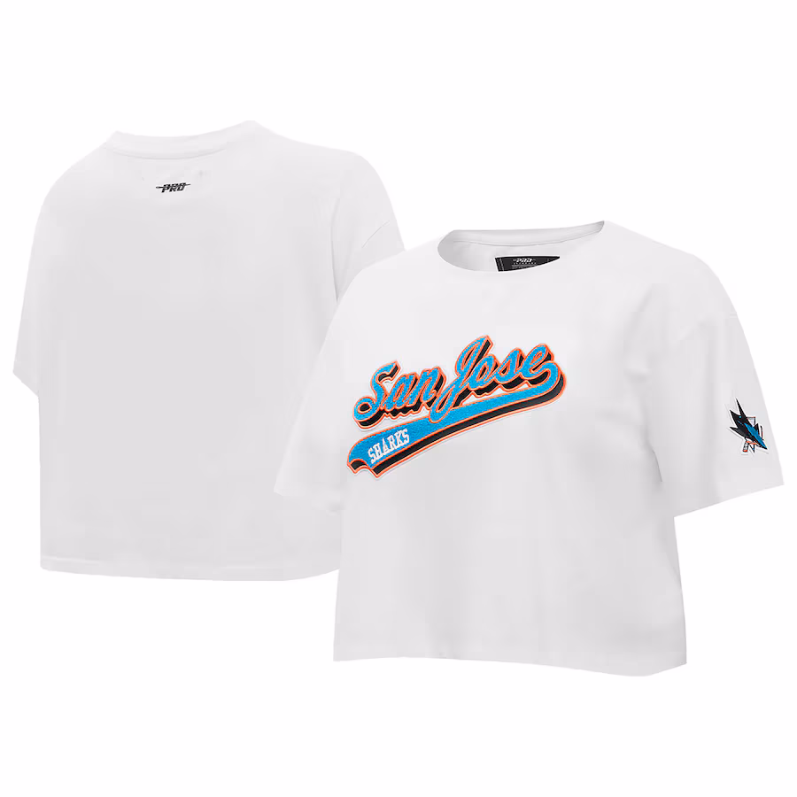 Women's San Jose Sharks Pro Standard White Boxy Script Tail Cropped T-Shirt - Jersey
