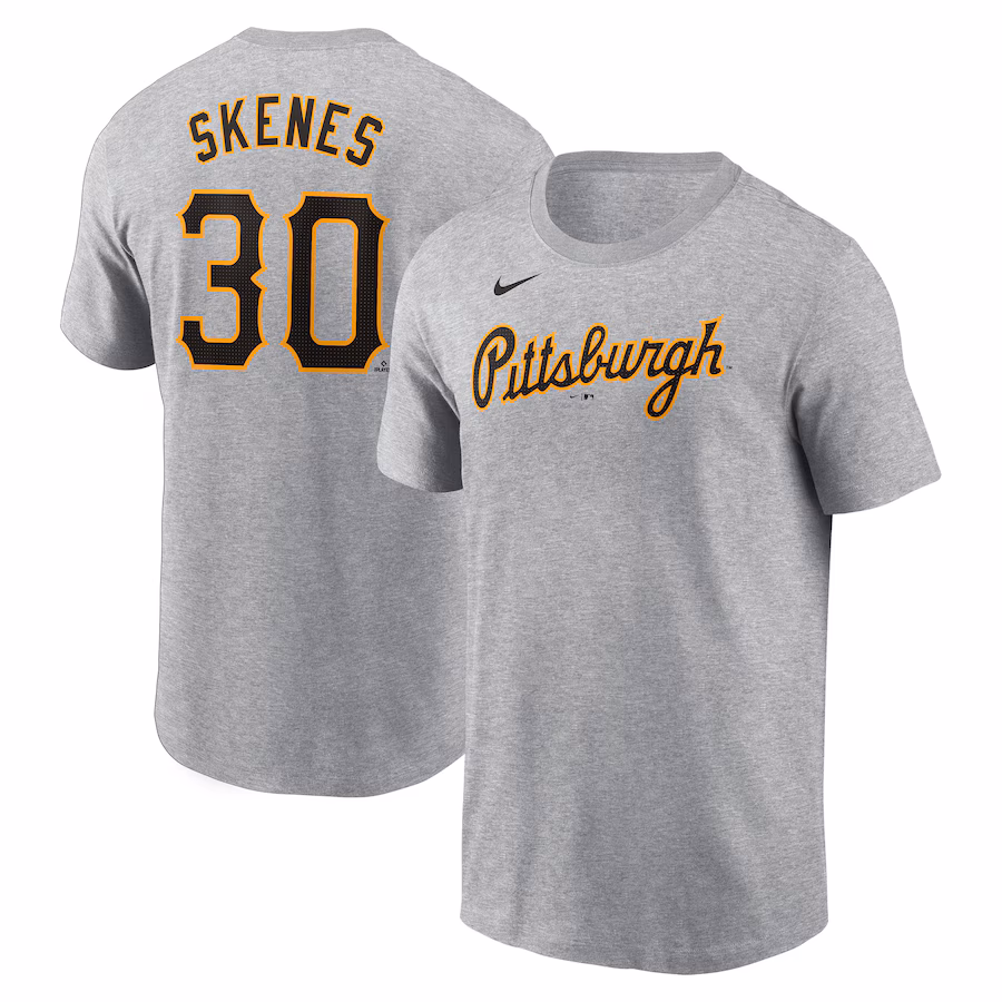 Men's Pittsburgh Pirates Paul Skenes Nike Heather Gray Fuse Name & Number T-Shirt - Jersey