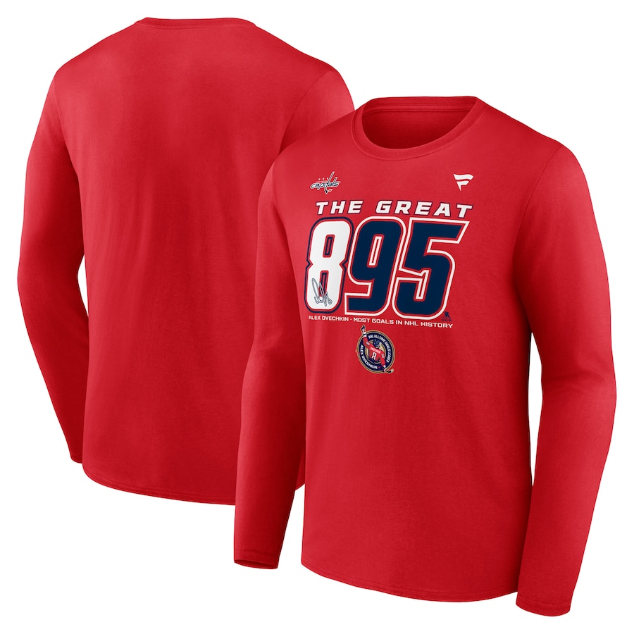 Men's Washington Capitals Alexander Ovechkin Fanatics Athletic Red NHL All-Time Leading Goal Scorer The Great 895 Long Sleeve T-Shirt - Jersey