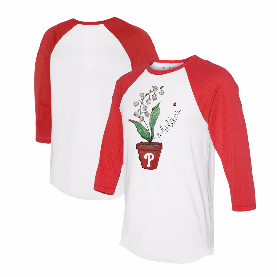 Unisex Philadelphia Phillies Tiny Turnip White/Red Lilies & Ladybugs 3/4-Sleeve Raglan T-Shirt - Jersey