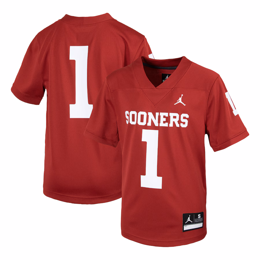 Youth Jordan Brand #1 Crimson Oklahoma Sooners 1st Armored Division Old Ironsides Untouchable Football Jersey - Jersey