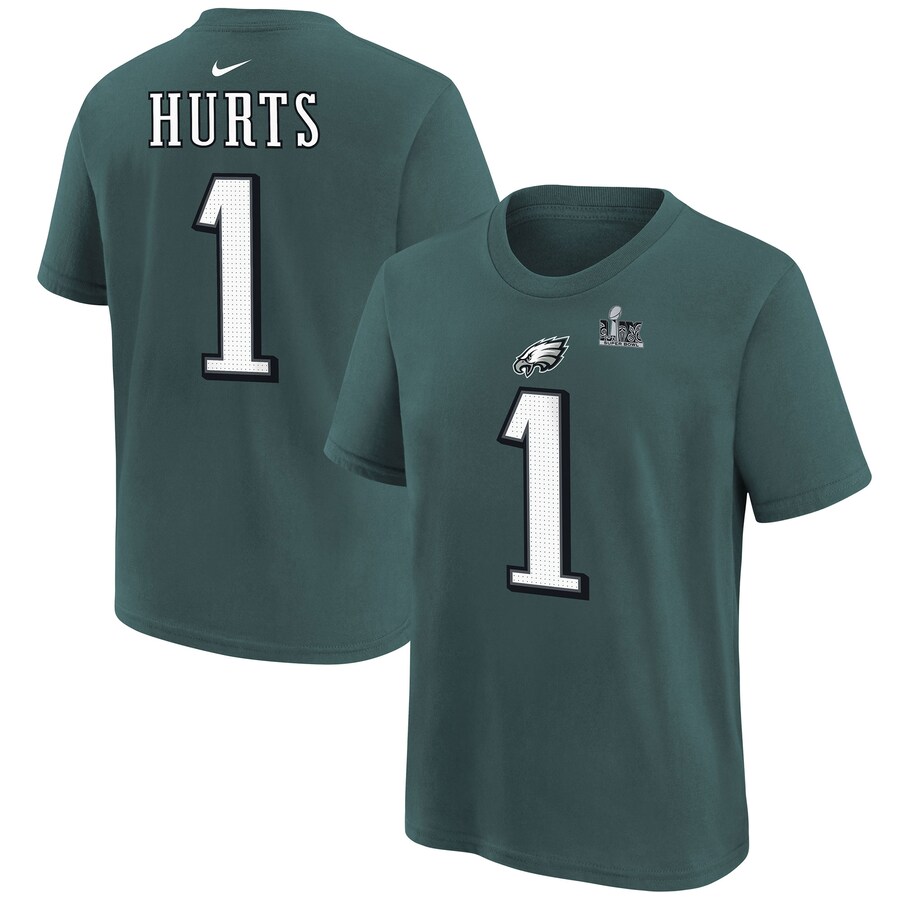 Youth Philadelphia Eagles Jalen Hurts Nike Midnight Green Super Bowl LIX Player Name & Number T-Shirt - Jersey
