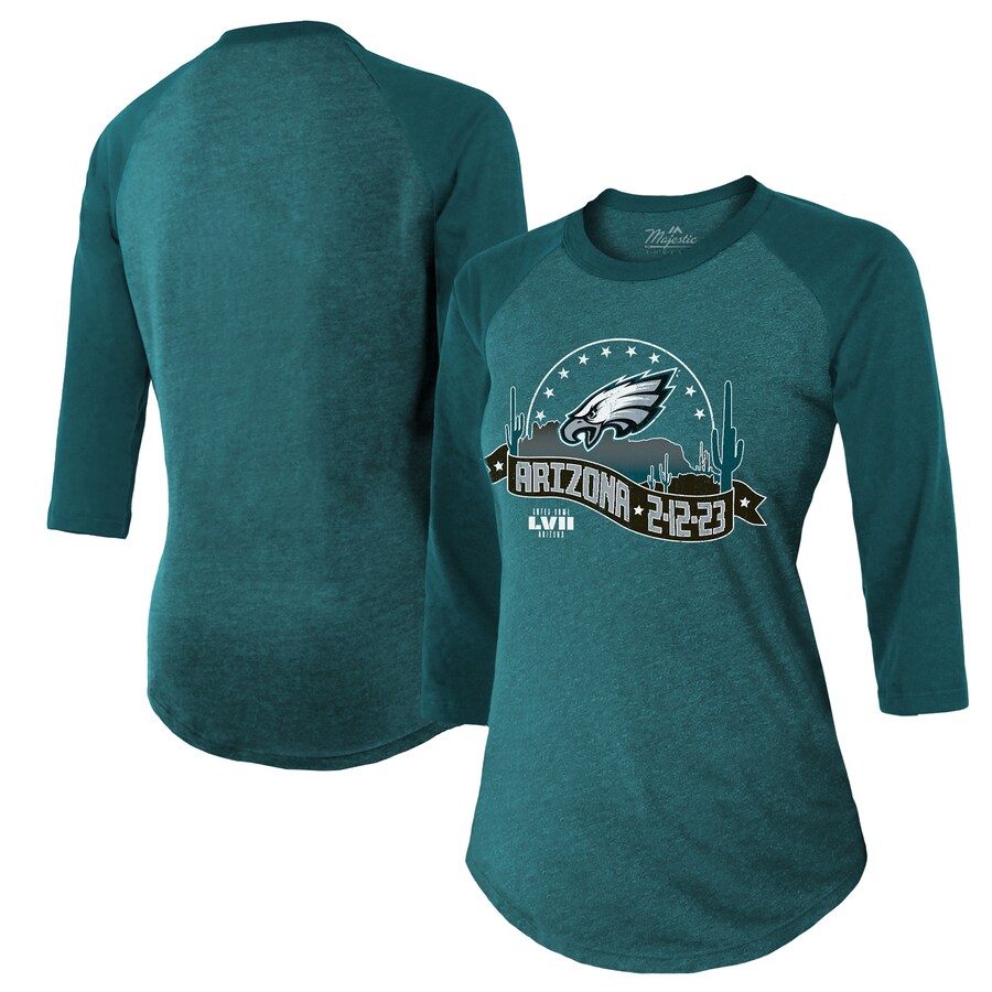 Women's Philadelphia Eagles Majestic Threads Midnight Green Super Bowl LVII Desert Tri-Blend Raglan 3/4 Sleeve T-Shirt - Jersey