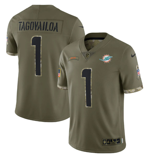 Men's Miami Dolphins #1 Tua Tagovailoa 2022 Olive Salute To Service Limited Stitched Jersey - Jersey