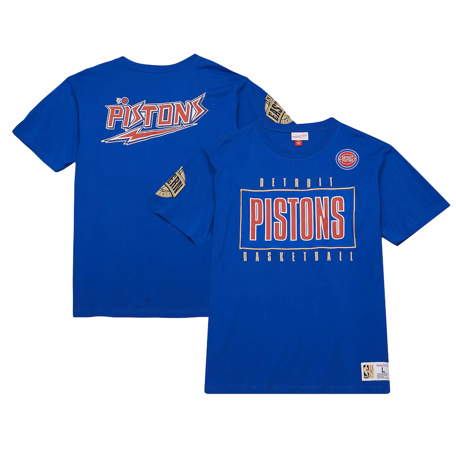Men's Detroit Pistons Mitchell & Ness Blue Hardwood Classics Team OG 2.0 Premium Vintage Logo T-Shirt - Jersey