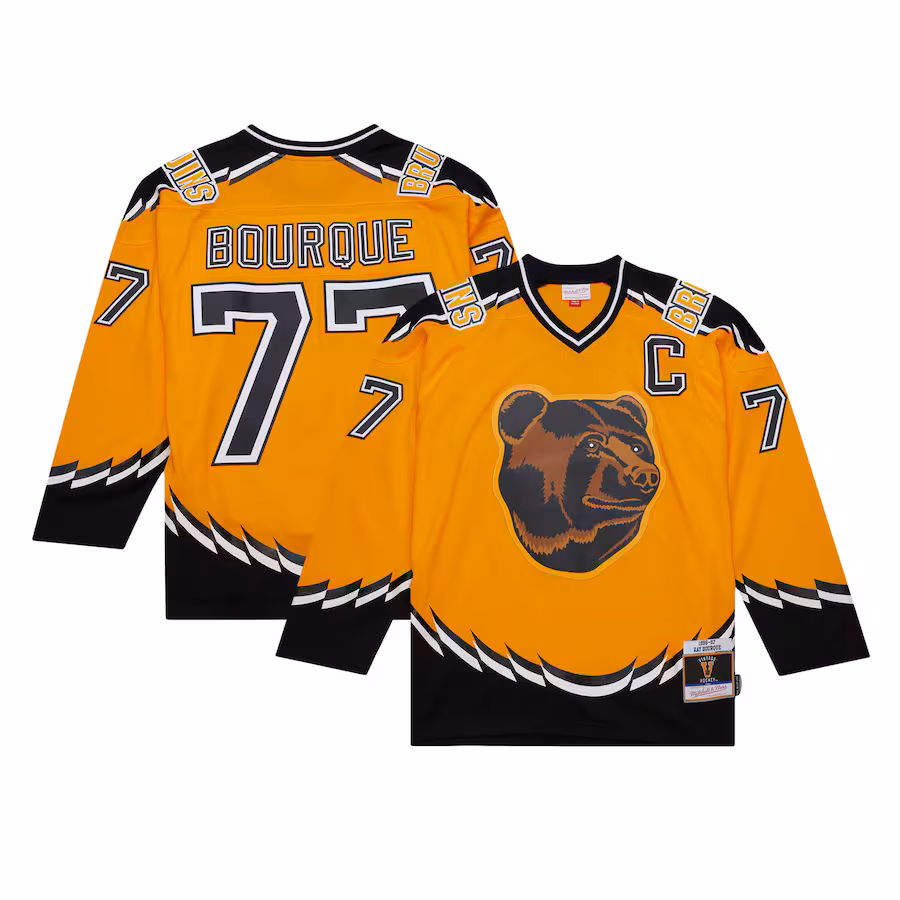 Men's Boston Bruins Ray Bourque Mitchell & Ness Gold 1996/97 Captain Patch Blue Line Player Jersey - Jersey