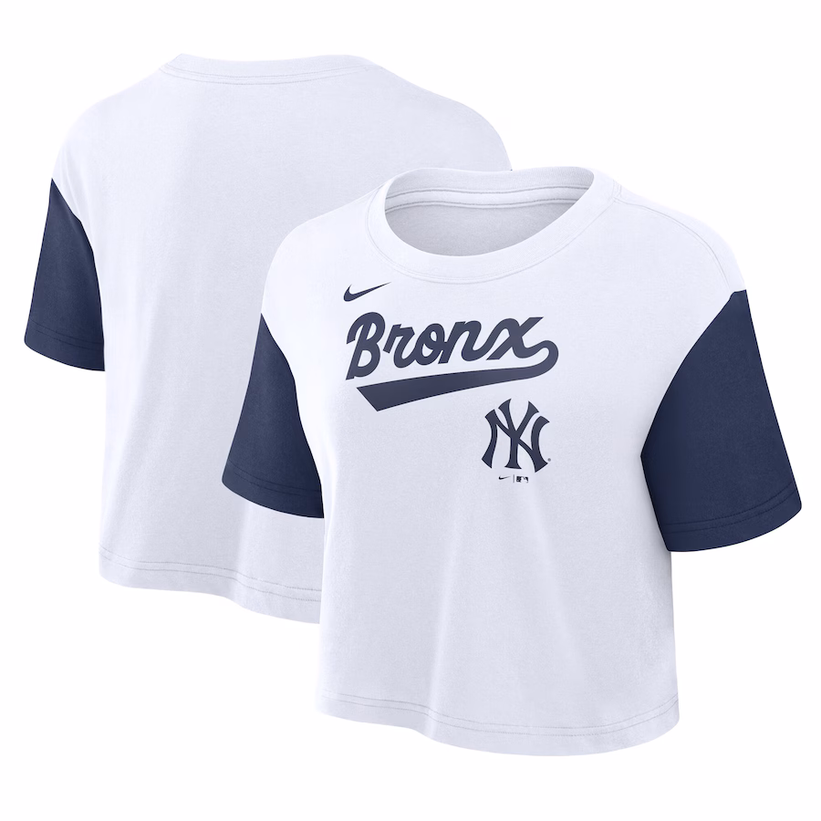 Women's New York Yankees Nike White/Navy Script Cropped Performance T-Shirt - Jersey