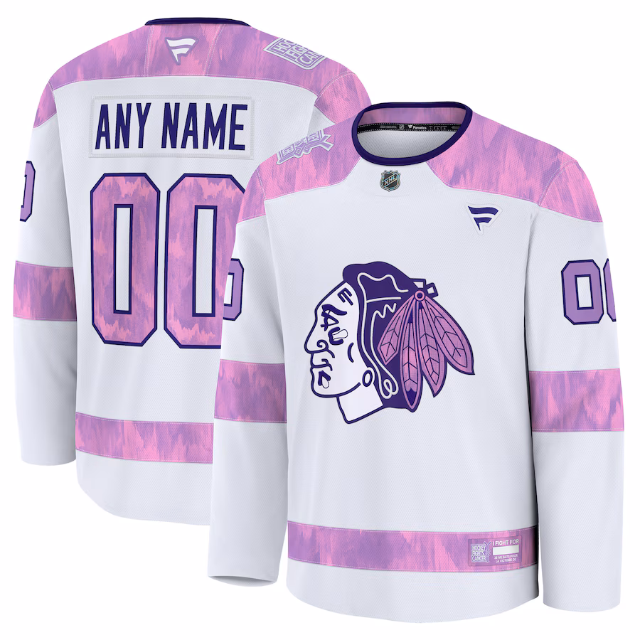 Men's Chicago Blackhawks Fanatics White 2024 Hockey Fights Cancer Custom Practice Jersey - Jersey
