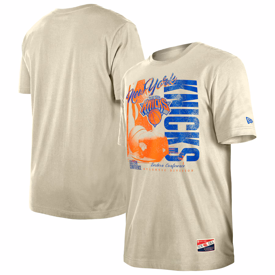 Men's New York Knicks  New Era Cream Distressed Throwback Vintage Color Pack T-Shirt - Jersey