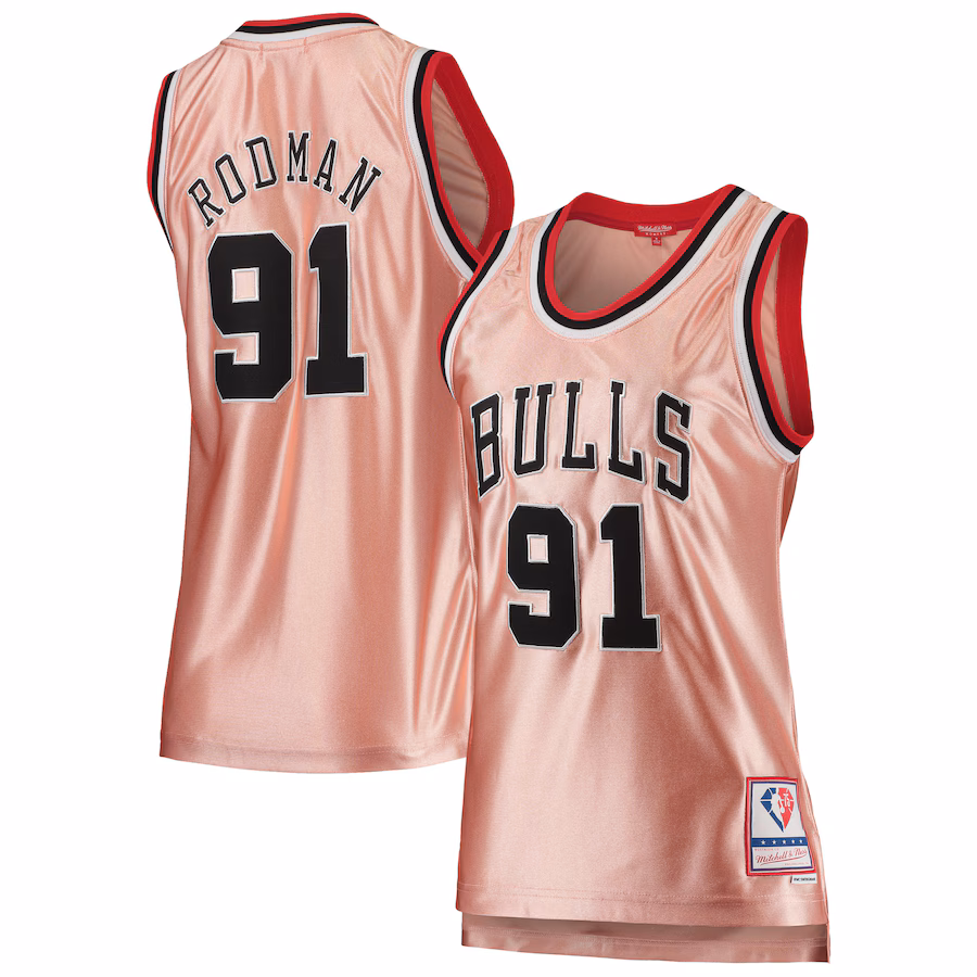 Women's Chicago Bulls Dennis Rodman Mitchell & Ness Pink 75th Anniversary Rose Gold 1997 Swingman Jersey - Jersey