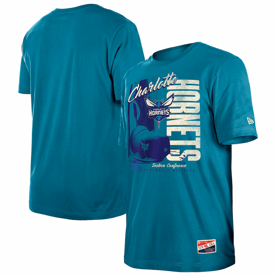 Men's Charlotte Hornets  New Era Teal Distressed Throwback Vintage Color Pack T-Shirt - Jersey