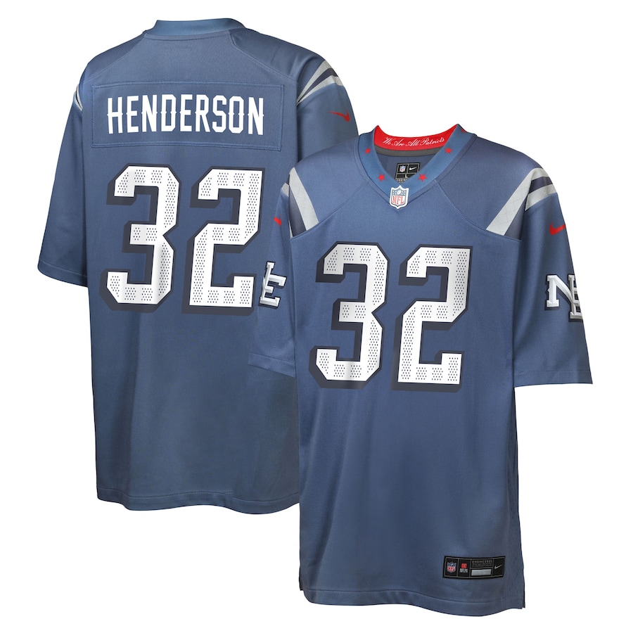 Youth New England Patriots TreVeyon Henderson Nike Storm Blue 2025 Rivalries Collection Game Jersey - Jersey