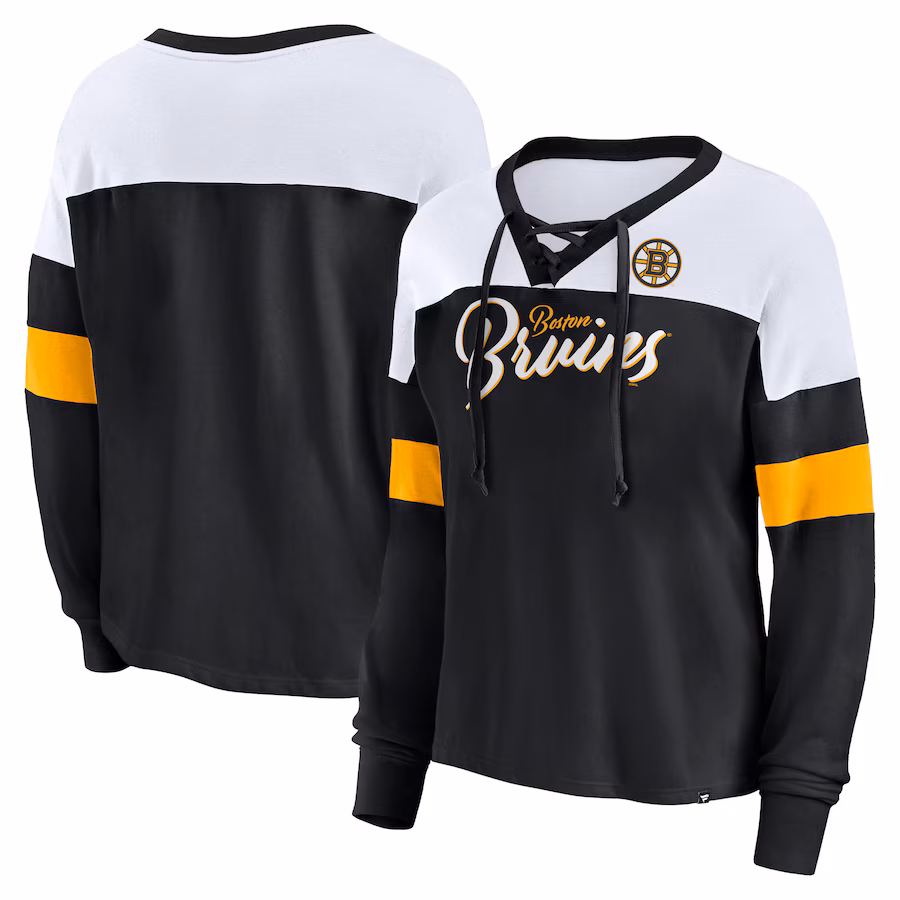 Women's Boston Bruins Fanatics Black Take the Shot Long Sleeve Lace-Up V-Neck T-Shirt - Jersey
