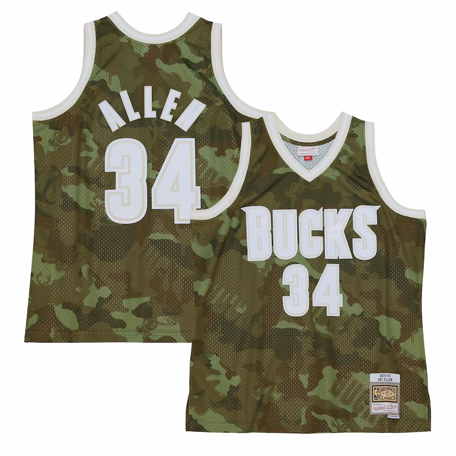 Men's Milwaukee Bucks Ray Allen Mitchell & Ness Camo Hardwood Classics 2000/01 Ghost Green Swingman Jersey - Jersey