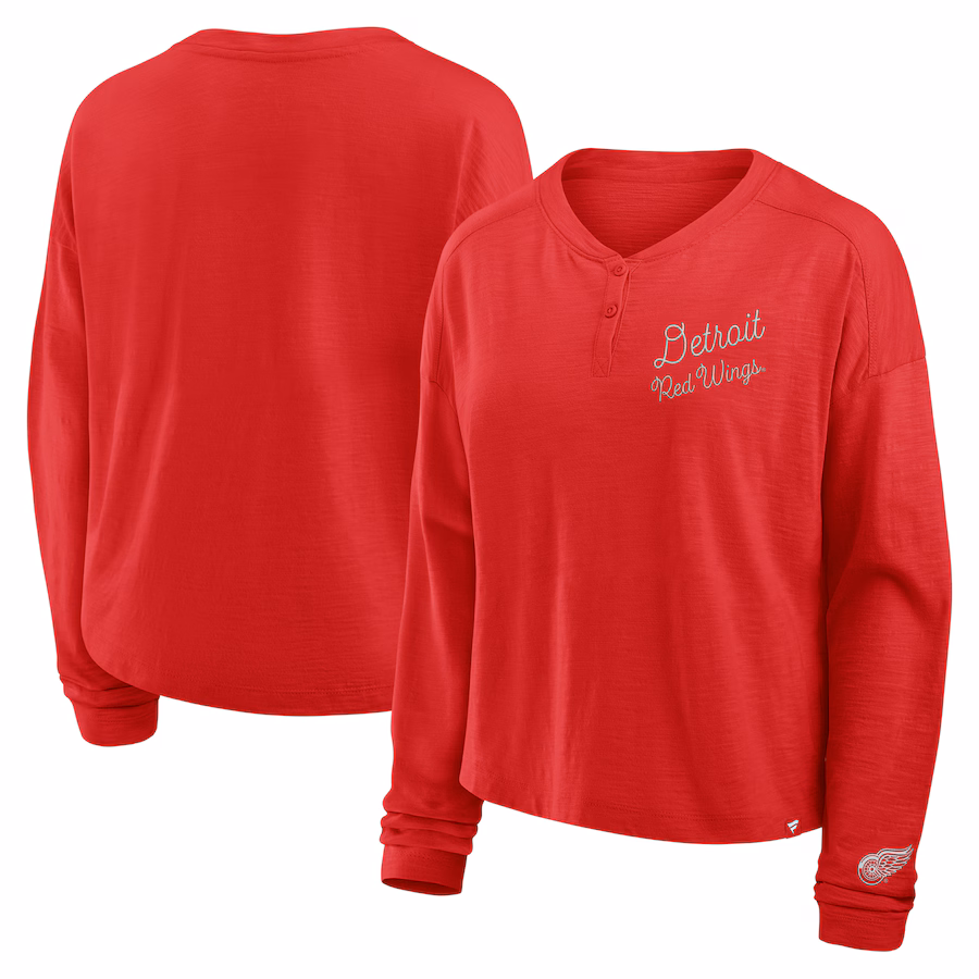 Women's Detroit Red Wings Fanatics Red Oversized All Out Effort Long Sleeve Henley T-Shirt - Jersey