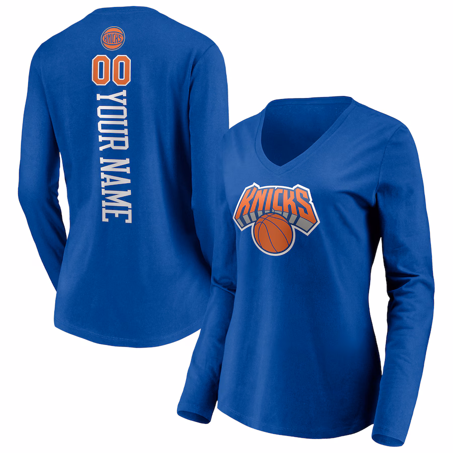 Women's New York Knicks Blue Playmaker Personalized Name & Number Long Sleeve V-Neck T-Shirt - Jersey