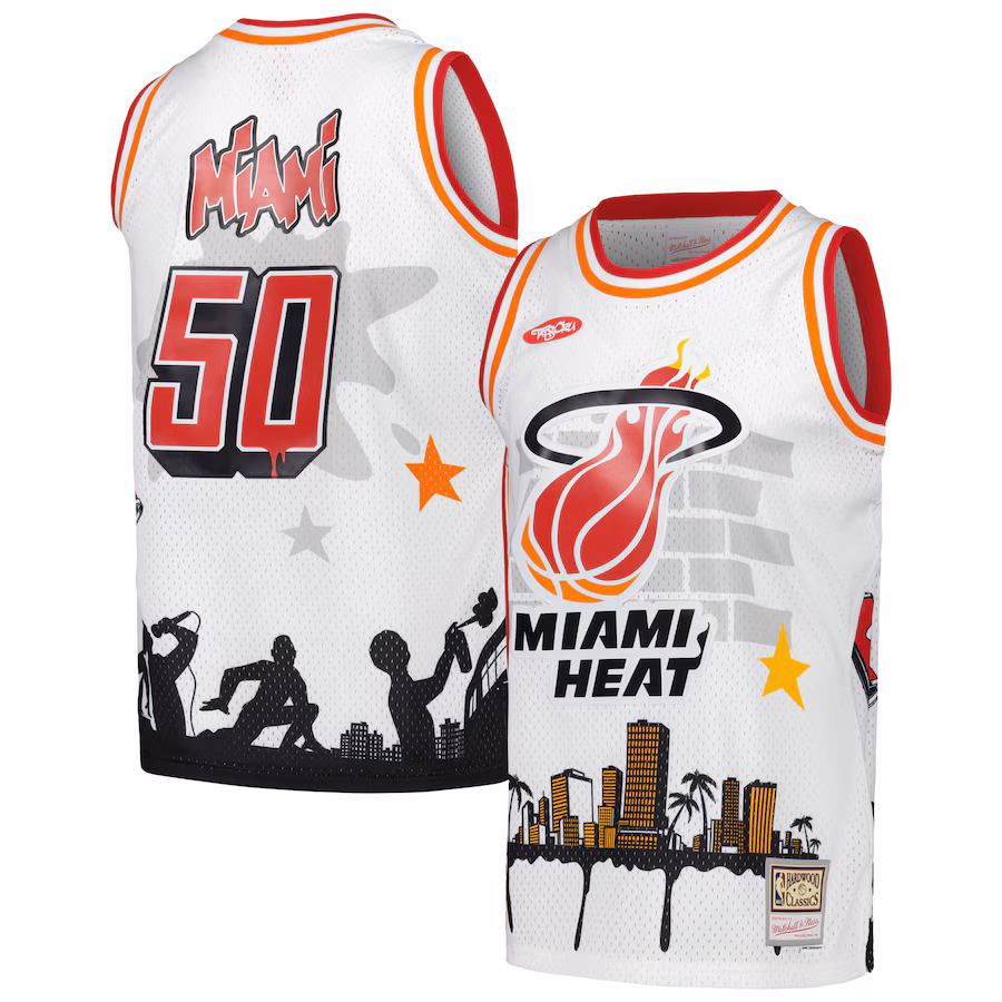 Men's Miami Heat Mitchell & Ness x Tats Cru White Hardwood Classics Fashion Jersey - Jersey
