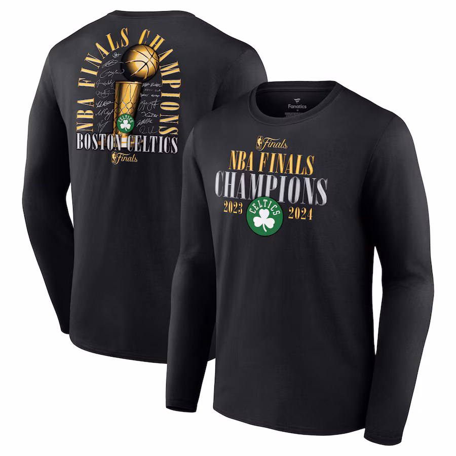 Men's Boston Celtics Fanatics Black 2024 NBA Finals Champions Fade Away Jumper Roster Signature Long Sleeve T-Shirt - Jersey
