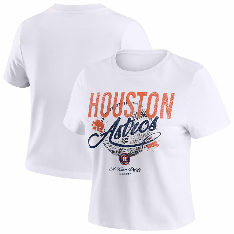 Women's Houston Astros WEAR by Erin Andrews White Distressed Cropped Baby T-Shirt - Jersey