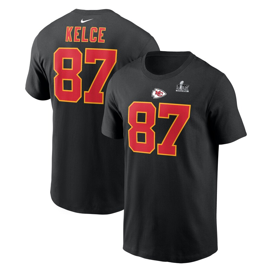 Men's Kansas City Chiefs Travis Kelce Nike Black Super Bowl LIX Name & Number T-Shirt - Jersey