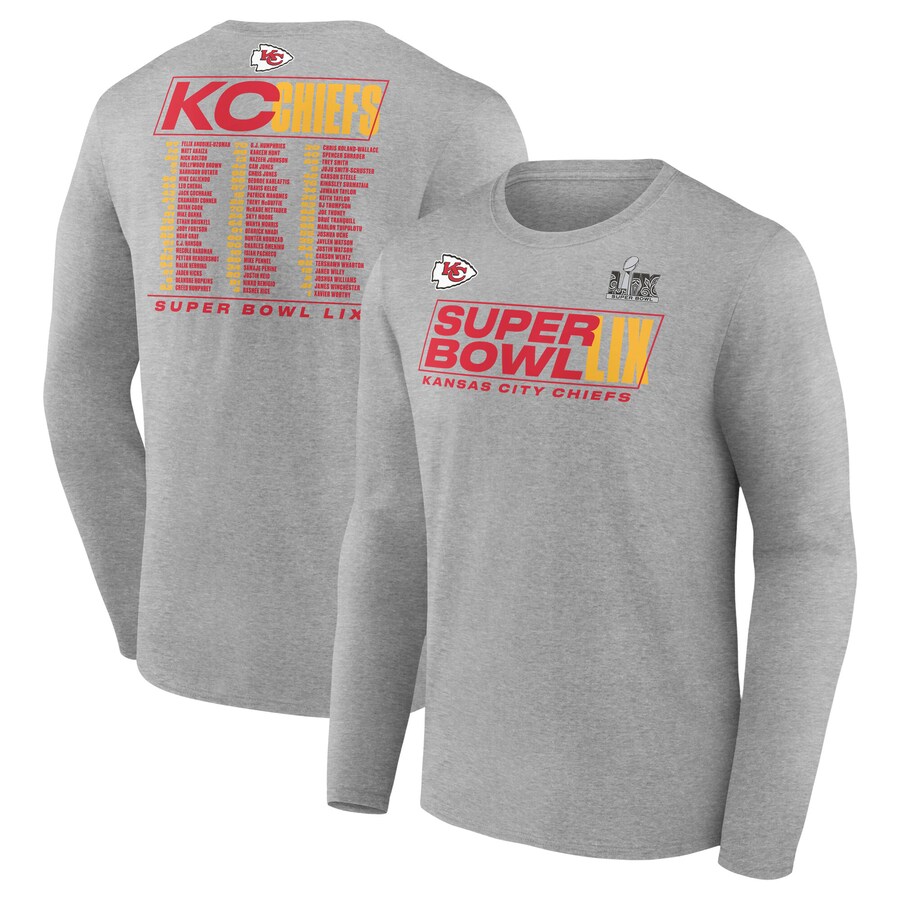 Men's Kansas City Chiefs  Fanatics Heather Gray Super Bowl LIX Roster Long Sleeve T-Shirt - Jersey