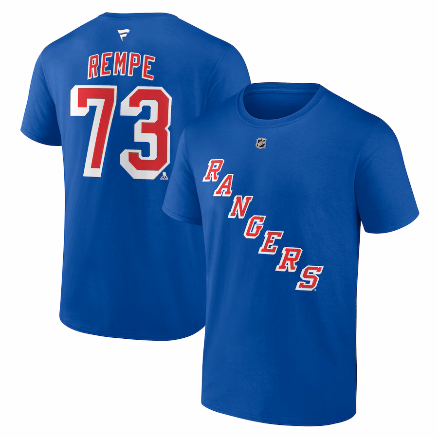 Men's New York Rangers Matt Rempe Fanatics Blue Authentic Stack Name & Number T-Shirt - Jersey
