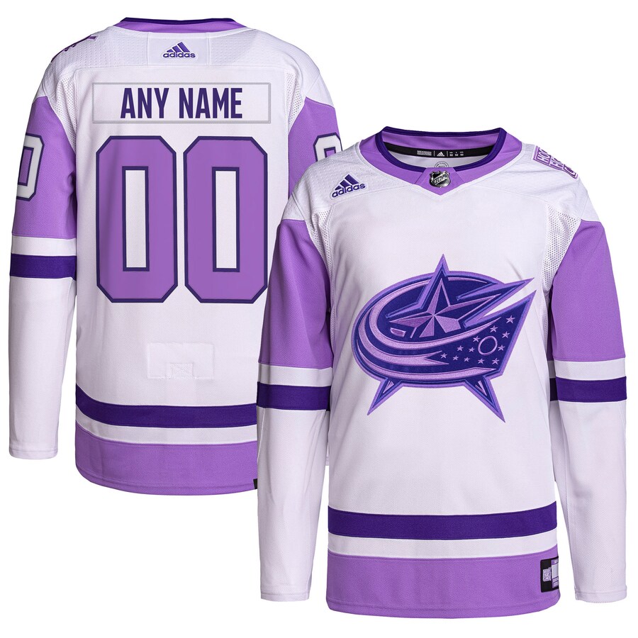 Men's Columbus Blue Jackets adidas White/Purple Hockey Fights Cancer Primegreen Authentic Custom Jersey - Jersey