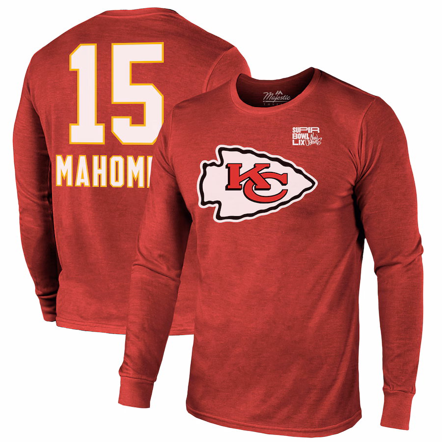 Men's Kansas City Chiefs Patrick Mahomes Majestic Threads Red Super Bowl LIX Player Name & Number Tri-Blend Long Sleeve T-Shirt - Jersey
