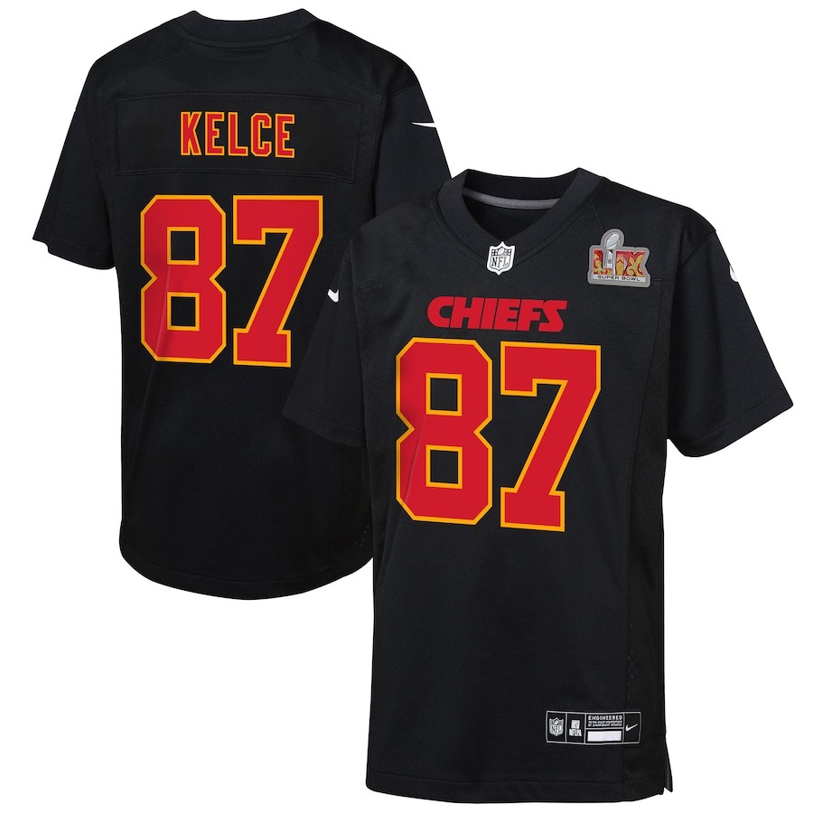 Youth Kansas City Chiefs Travis Kelce Nike Carbon Black Super Bowl LIX Patch Fashion Game Jersey - Jersey