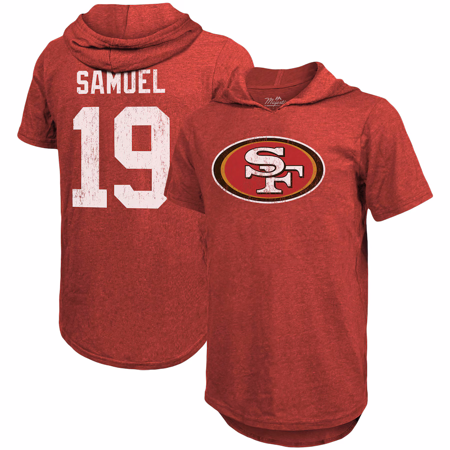 Men's San Francisco 49ers Deebo Samuel Majestic Threads Scarlet Player Name & Number Tri-Blend Slim Fit Hoodie T-Shirt - Jersey
