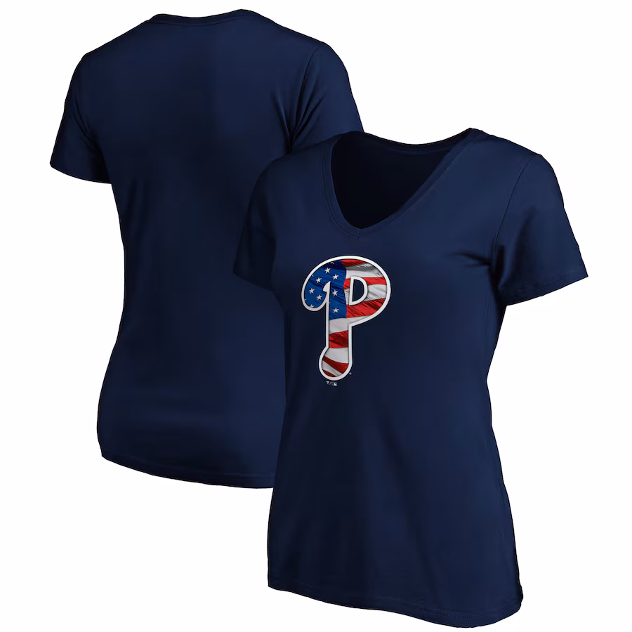 Women's Philadelphia Phillies Logo Navy Banner Wave V-Neck T-Shirt - Jersey