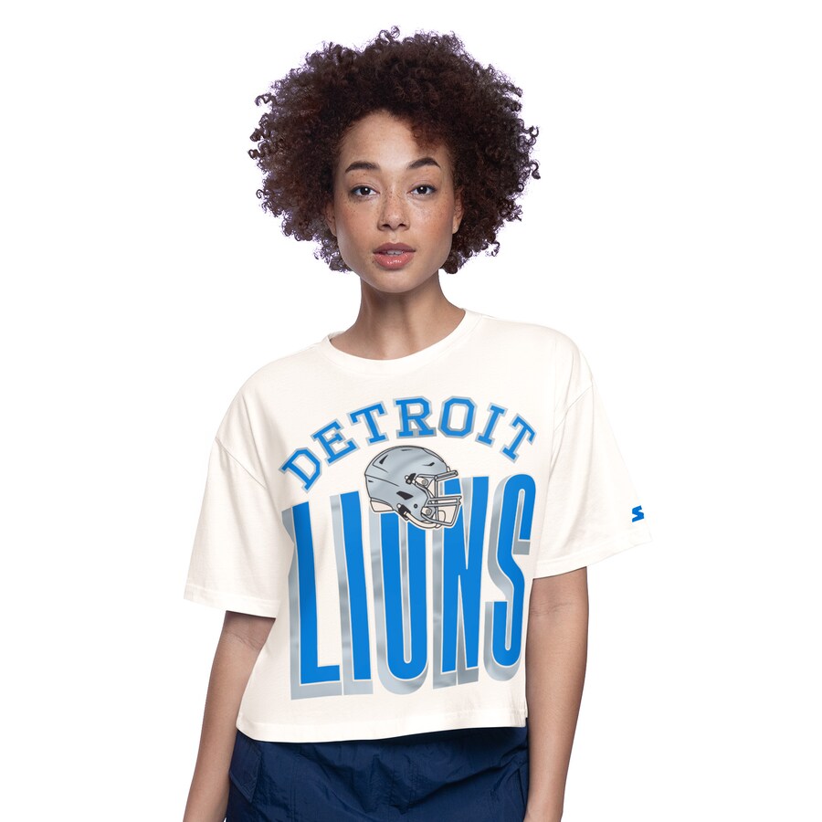 Women's Detroit Lions  Starter Cream Throwback Play the Ball Boxy Cropped T-Shirt - Jersey