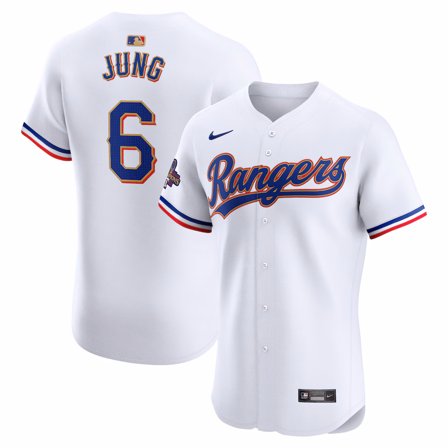 Men's Texas Rangers Josh Jung Nike White 2024 Gold Collection Elite Player Jersey - Jersey