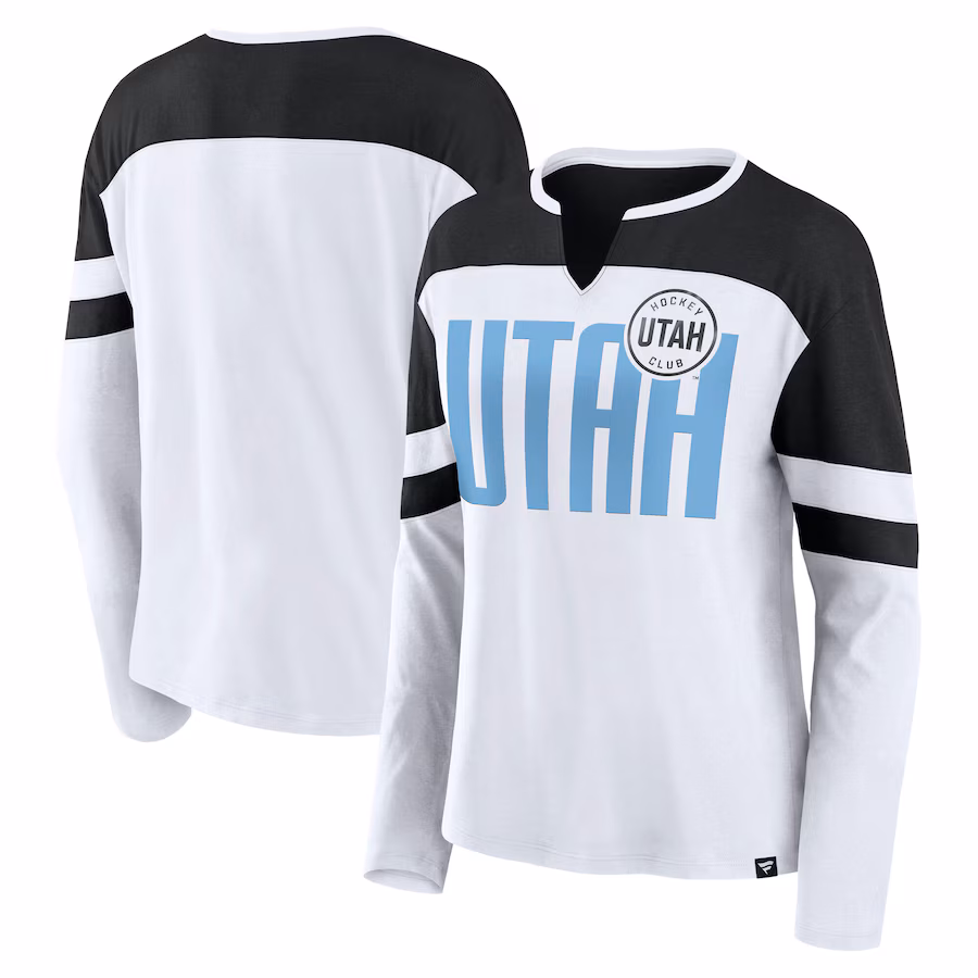Women's Utah Hockey Club Fanatics White/Black Frozen Notch Neck Long Sleeve T-Shirt - Jersey