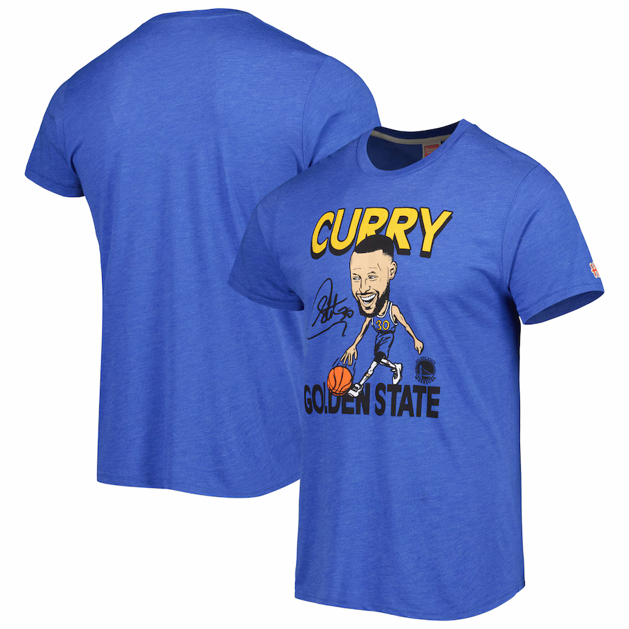 Men's Golden State Warriors Stephen Curry Homage Royal Player Caricature Tri-Blend T-Shirt - Jersey