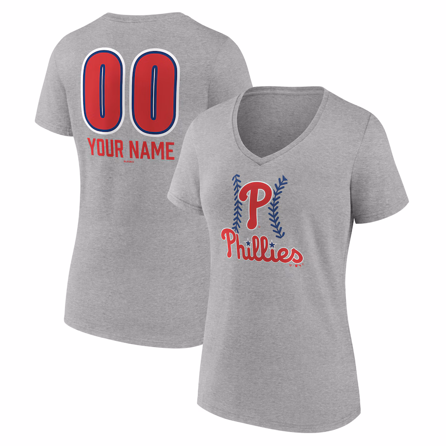 Women's Philadelphia Phillies Gray Personalized Name & Number Fastball V-Neck T-Shirt - Jersey