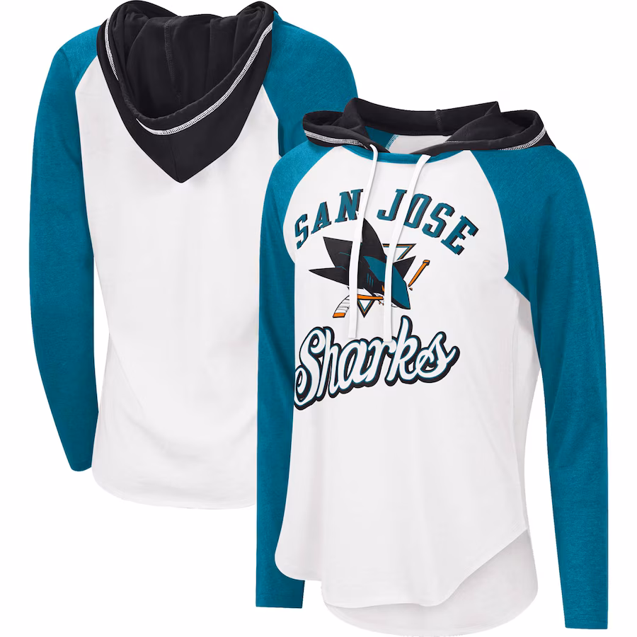 Women's San Jose Sharks G-III Sports by Carl Banks White/Teal MVP Raglan Lightweight Hooded T-Shirt - Jersey