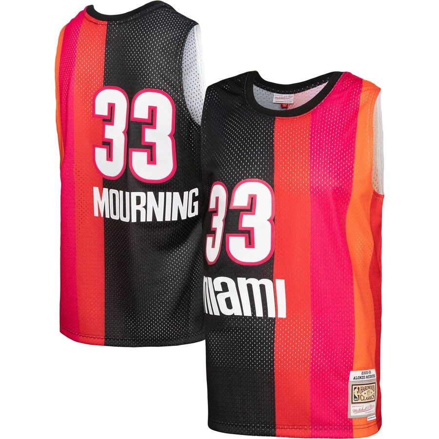 Men's Miami Heat Alonzo Mourning Mitchell & Ness Black/Red Hardwood Classics 2005/06 Split Swingman Jersey - Jersey