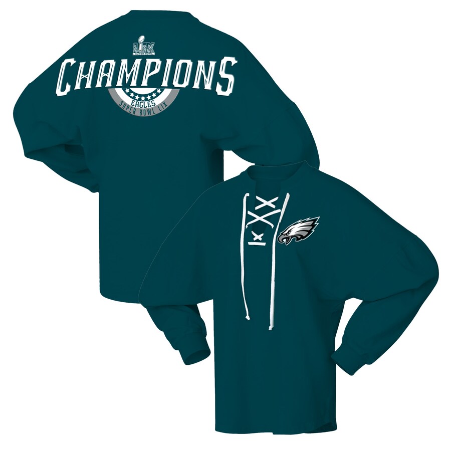 Women's Philadelphia Eagles  Fanatics Midnight Green Super Bowl LIX Champions Lace-Up Spirit Jersey Long Sleeve T-Shirt - Jersey