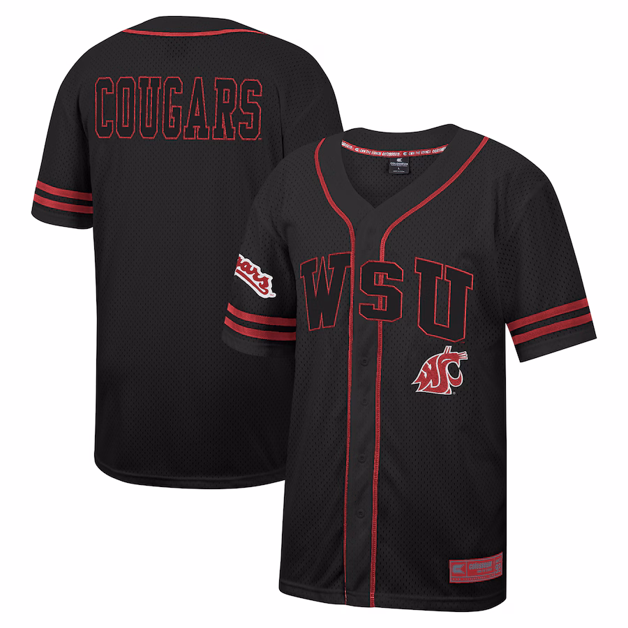 Men's Colosseum Black Washington State Cougars Free Spirited Mesh Button-Up Baseball Jersey - Jersey