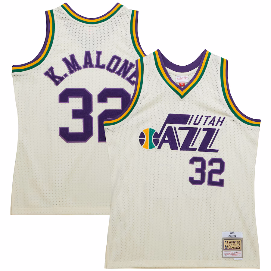 Men's Utah Jazz Karl Malone Mitchell & Ness Cream Chainstitch Swingman Jersey - Jersey