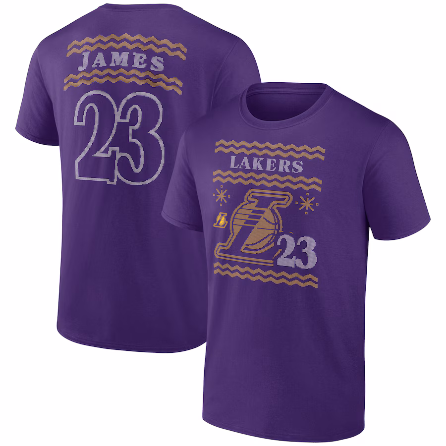 Men's Los Angeles Lakers LeBron James Purple Ugly Sweater Name & Number T-Shirt - Jersey