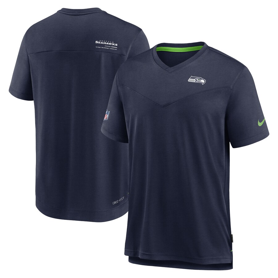 Men's Seattle Seahawks Nike Heather Navy Sideline Coach Chevron Lock Up Logo V-Neck Performance T-Shirt - Jersey