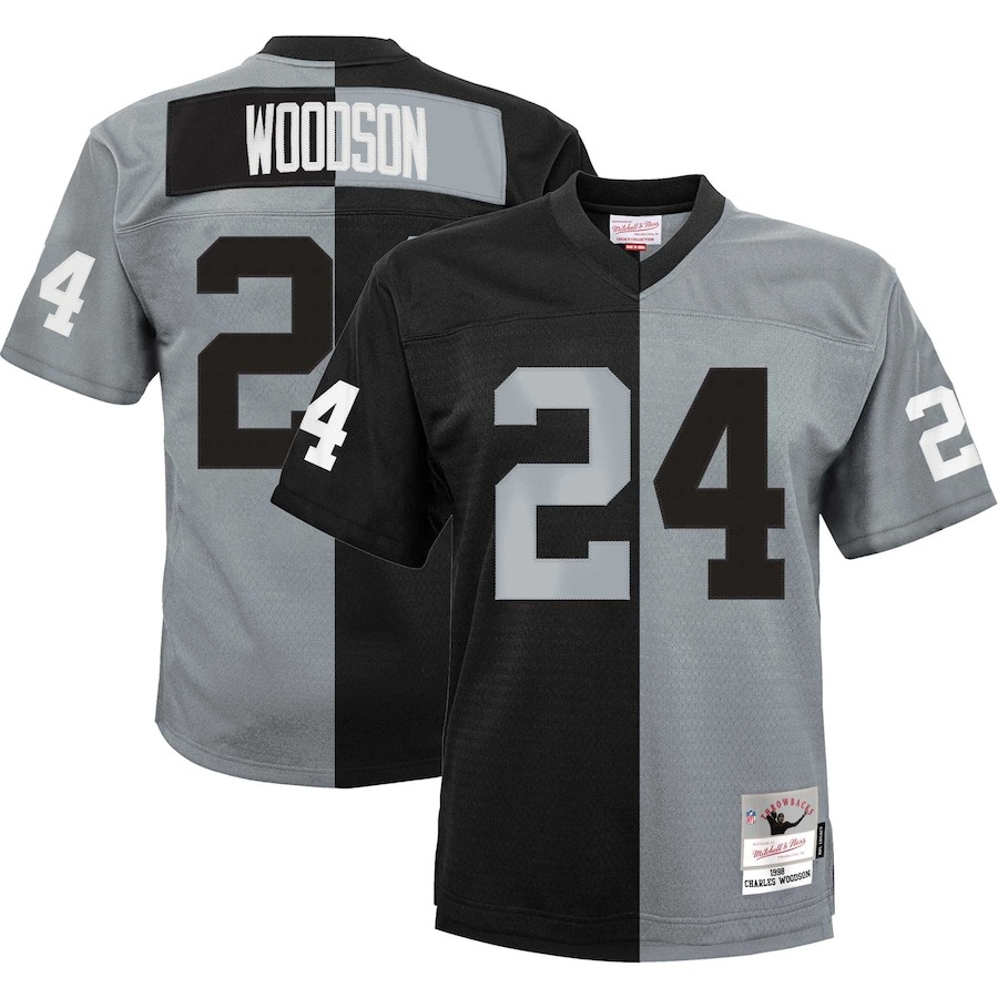 Youth Las Vegas Raiders Charles Woodson Mitchell & Ness Black/Silver Split Legacy Jersey - Jersey